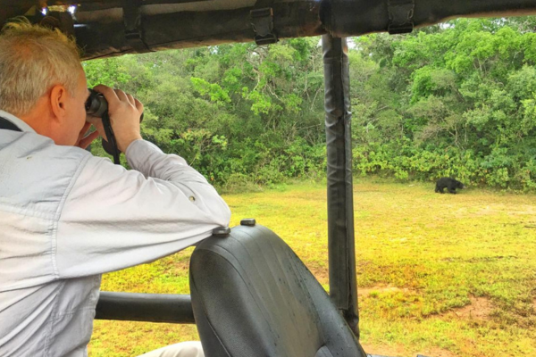 A Wilpattu safari guest is taking a picture if a Sloth Bear