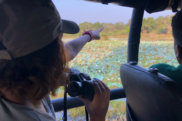 A Wilpattu safari guest is pointing at a bird