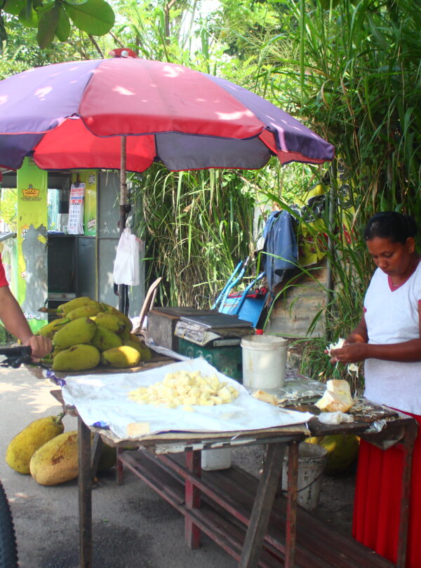 cycle rider near a lady who cutting jack fruits